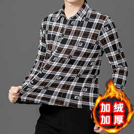 爆款百搭男士时尚衬衫新款格子休闲保暖上衣轻奢弹力长袖Polo开衫