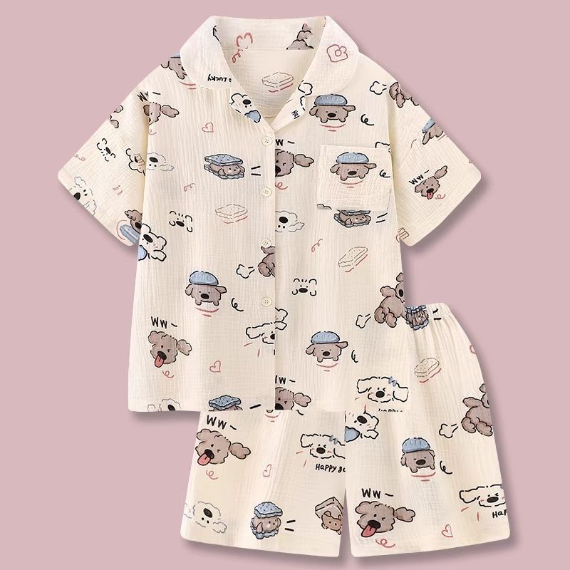 Pijama coreano de primavera y otoño lindo KT gatos cuadrícula pantalones cortos de manga corta cardigan set nubes algodón ropa de hogar se puede usar fuera
