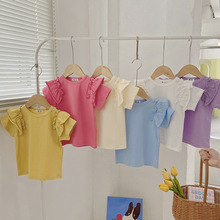 外贸童装25夏款女童T恤韩国童装儿童女童荷叶边边飞袖T恤短袖现货