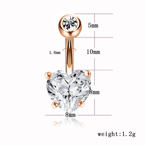 Hot selling rose gold belly button ring heart shaped zircon round inverted navel ring piercing punk navel ring navel button body jewelry