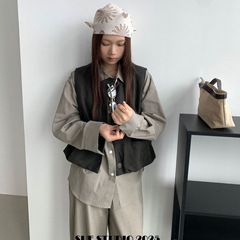 SUE秋季新款休闲简约斜纹洗水无袖马甲女韩系百搭外套上衣潮81020