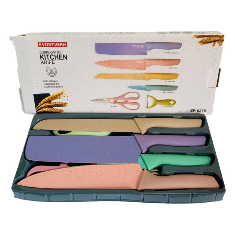 Color macaron trigo naranja paja cuchillo de seis piezas cuchillo de cocina de acero inoxidable conjunto completo cuchillo de cocina occidental cuchillo de cocina