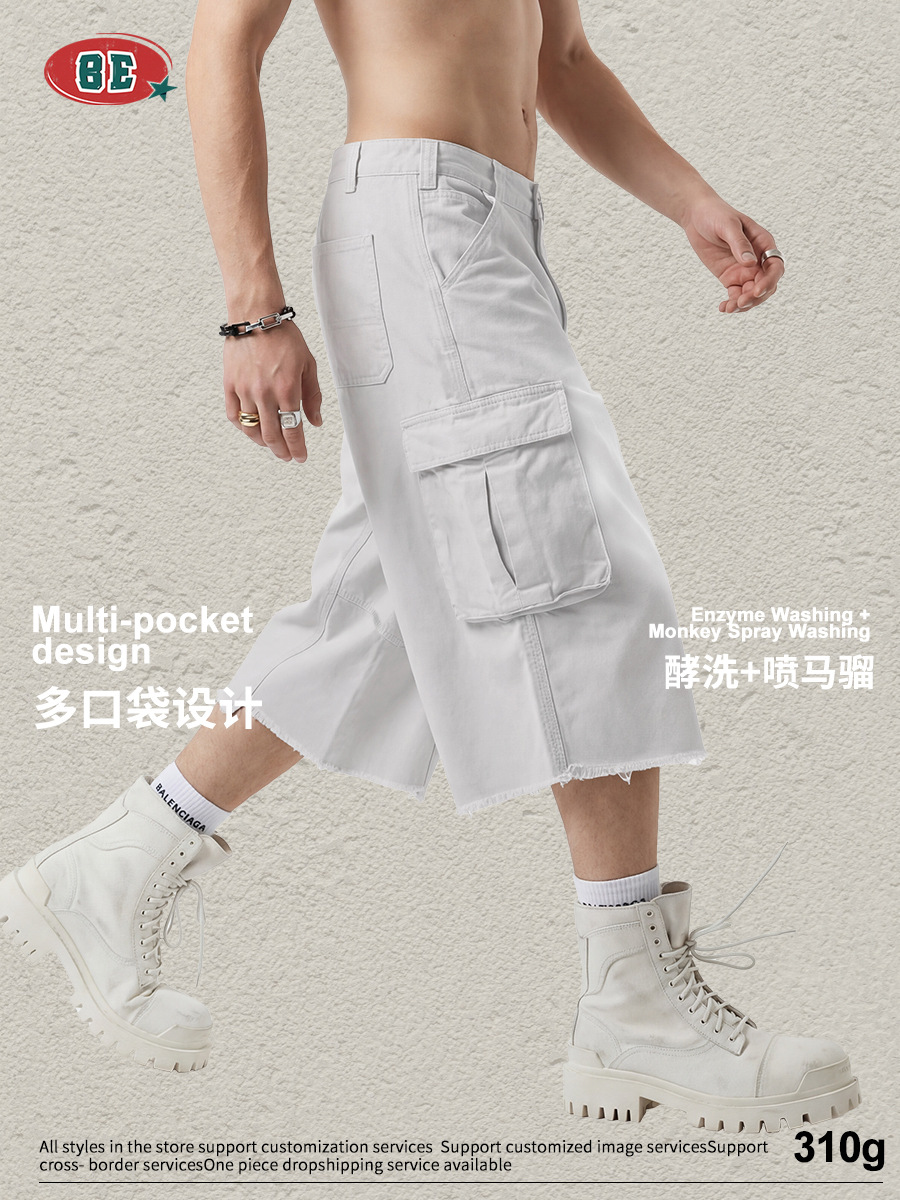 BE ropa de hombre de verano estilo americano de moda callejera multibolsillo pantalones cortos retro lavado con agua hacer viejos pantalones de trabajo sueltos para hombres