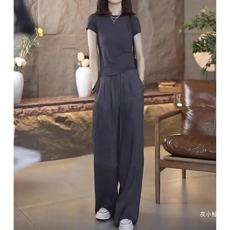 Y Ji Casual Sportswear Suit for Women 2024 Summer New Fashion Small Style Short-sleeved Wide-leg Pants Two