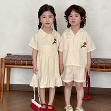儿童夏季衬衫套装男童韩版休闲2025新款宝宝洋气女童连衣裙兄妹装