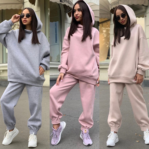 Amazon Women's New Autumn/Winter Fashionable Solid-Color Hoodie Sweatshirt Casual Two-Piece Set