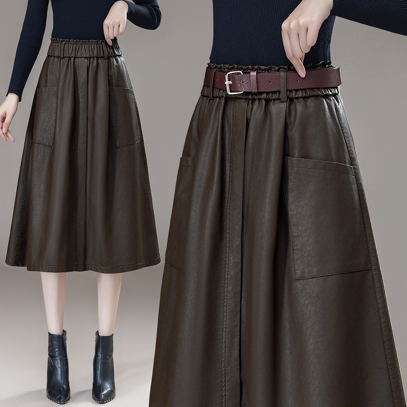 Haining Full Leather Leather Skirt Women's Mid-Length Skirt 2025 New Autumn and Winter Goatskin Slimming Look Skirt over the Knee A-Line Skirt