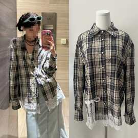 长期现货2025年春新款赵昭仪蕾丝边拼接复古休闲气质宽松格子衬衫