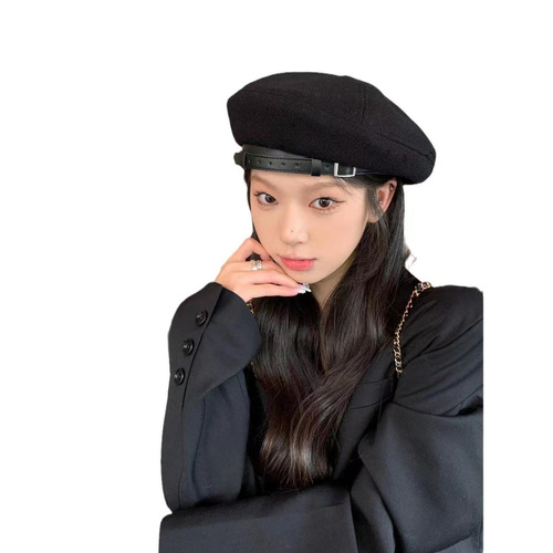Black beret women's autumn and winter Japanese-style beret ins internet celebrity face-slimming flat-top painter hat navy cap trendy