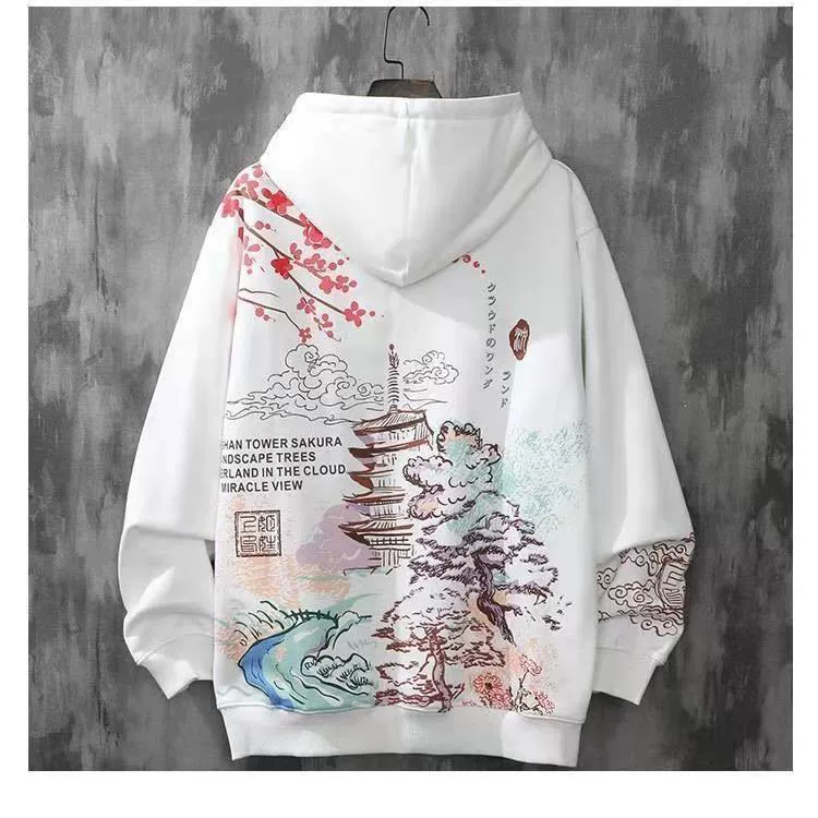 Sweatshirt Autumn Thin Hoodie, Unisex Loose Fit, Chinese-Style Sakura Print