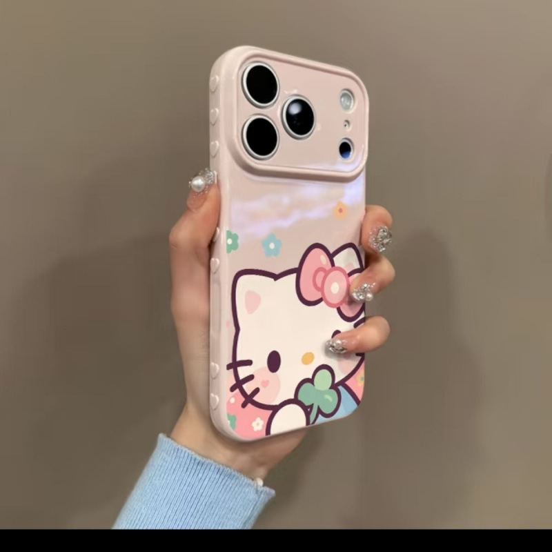 Cartoon Clover KT Cat phone case for iPhone 17 Pro, Apple 16 Pro Max with large heart-shaped window Cartoon Clover KT Cat phone case for iPhone 17 Pro, Apple 16 Pro Max with large heart-shaped window