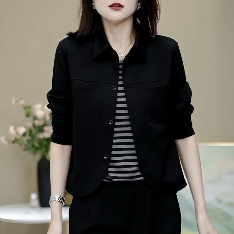 Fashionable Versatile Striped Faux Two-Piece Short Jacket Top, New Spring and Autumn Style, Loose Fit, Tummy-Concealing, Slimming Outerwear for Women Fashionable Versatile Striped Faux Two-Piece Short Jacket Top, New Spring and Autumn Style, Loose Fit, Tummy-Concealing, Slimming Outerwear for Women
