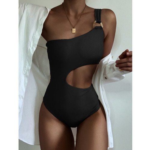  New Women's One-piece Swimsuit, European and American Sexy Solid Color Shoulder Strap Swimwear, Tight Backless Swim Suit