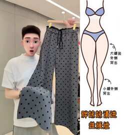 波点阔腿休闲裤女夏季大码梨形身材高腰显瘦腰间拼接蕾丝直筒裤子
