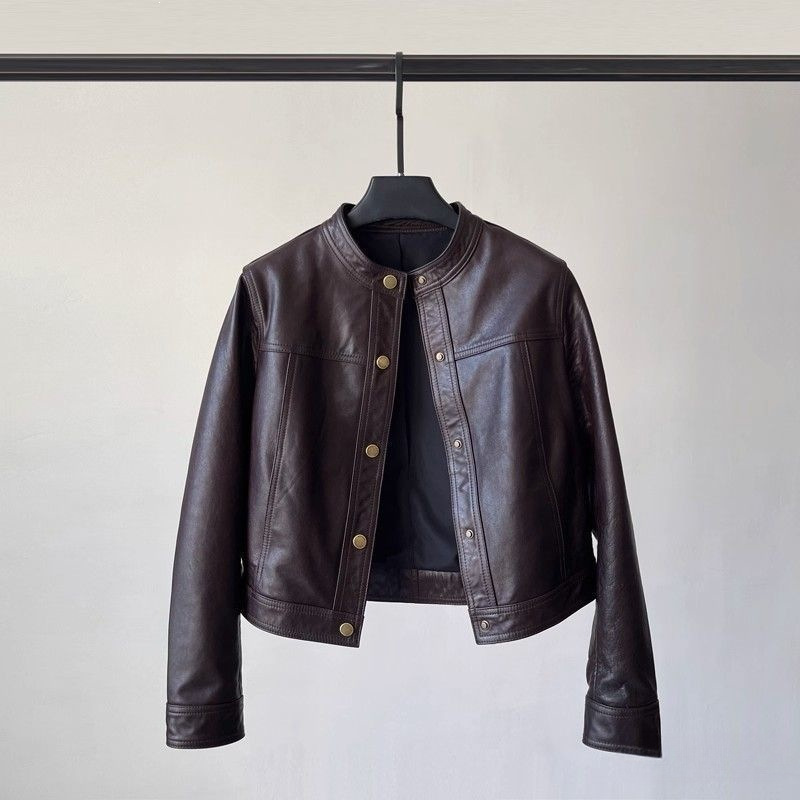 Haining leather jacket, short style, 2025 autumn new model, loose, casual, fashionable, round-neck leather jacket, biker jacket for petite individuals