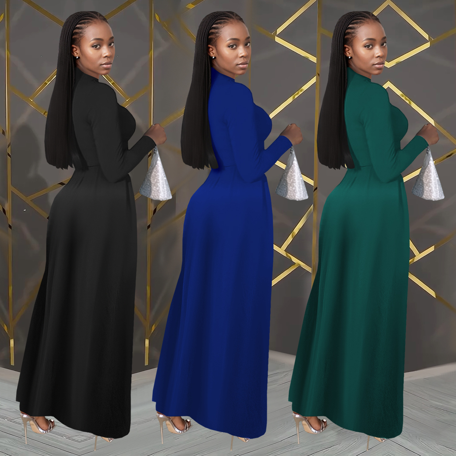 C7411 Cross-border AliExpress Amazon Moda europea y americana Vestido de manga larga con solapa cruzada