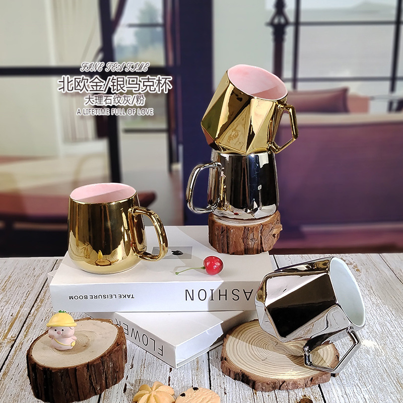 European-Style Large-Capacity Marble-Patterned Ceramic Cup, Creative Gold-Plated Silver Mug, Souvenir Coffee Cup Wholesale