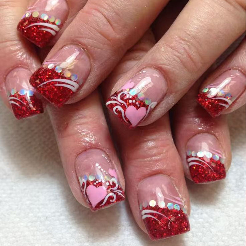 Valentine's Day Red Glitter Pink White Stripe Love Laser Silver Dot Design Nail Art Nail Pieces Finished Wear Nails