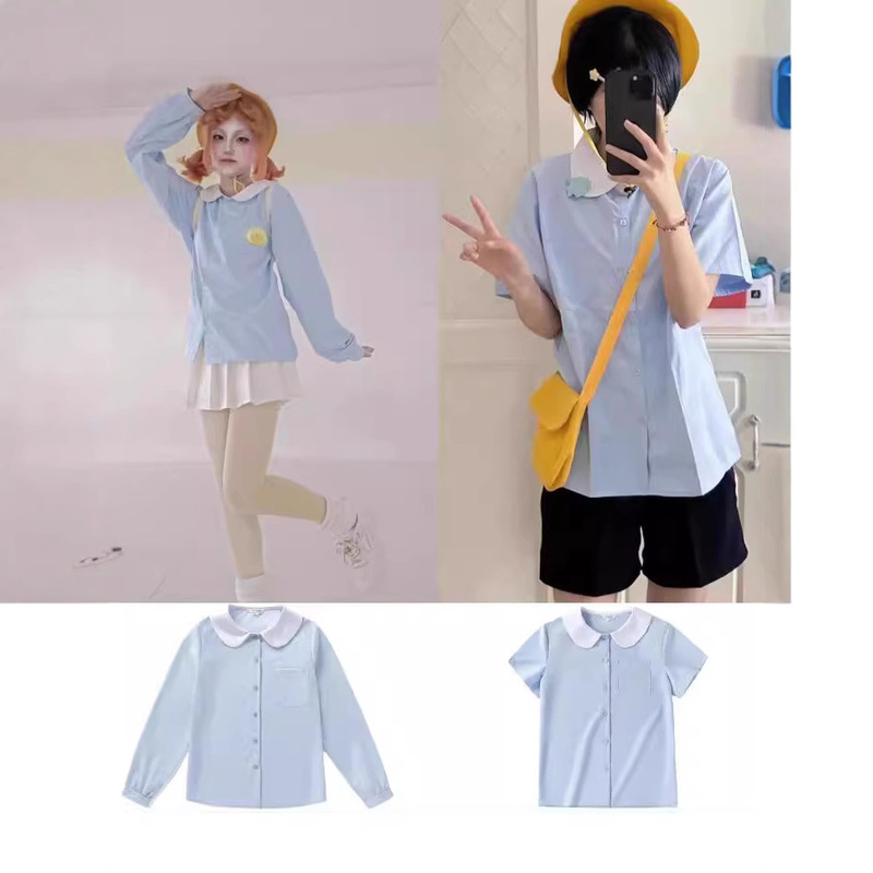 Cute Female Blue Short-Sleeved Shirt Top Preppy Doll Collar Loose Cute Style Doll Hinata Kindergarten Pill Placket