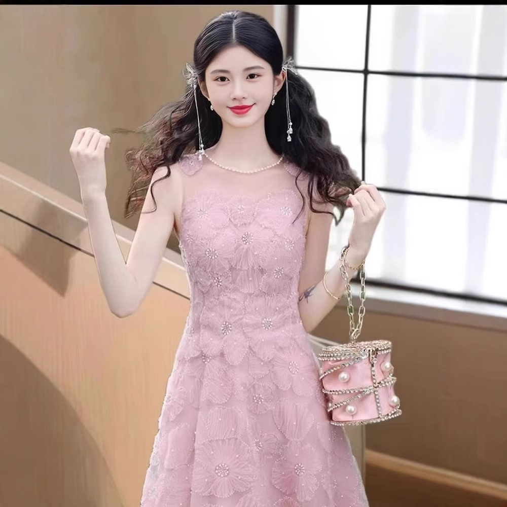 Váy maxi nữ thắt eo cổ chữ U không tay dáng chữ A — màu hồng