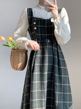 法式文艺气质秋冬女装甜美背带假两件格子连衣裙少女初中学生裙子