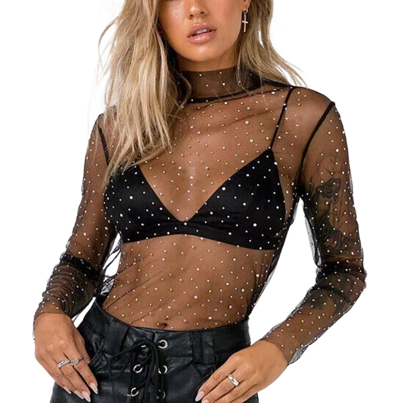 Women's Transparent Lace Mesh Top With Sequins See Through Stylish Layering Trendy Base Layer Top_ecoleips.com