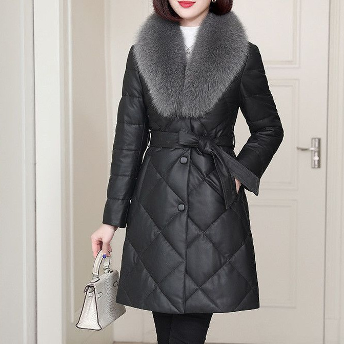 Fur Collar Jacket Pu Leather Winter Cotton Jacket Women's Mid-Length 2025 Leather Jacket Fur down Thickeneded Loose Leather Jacket