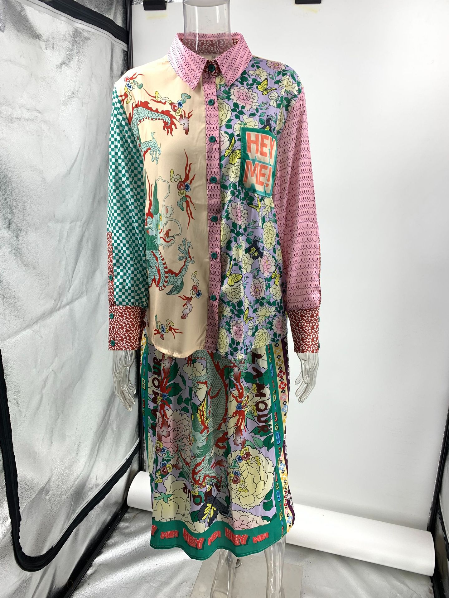 245g Weight Long Sleeve Sleeve Length Skirt Dresses Type Satin Fabric Type Skirt Co-ord Set Sets Type 2 Pieces Set Quantity Casual Occasion Turndown Neckline Regular Fit Fit Type Graffiti Pattern Summer, Spring Season Women's Gender Printing Design Casual Style Casual Women's Casual Graffiti Satin Printing Skirt Co-ord Set Skirt Sets 10