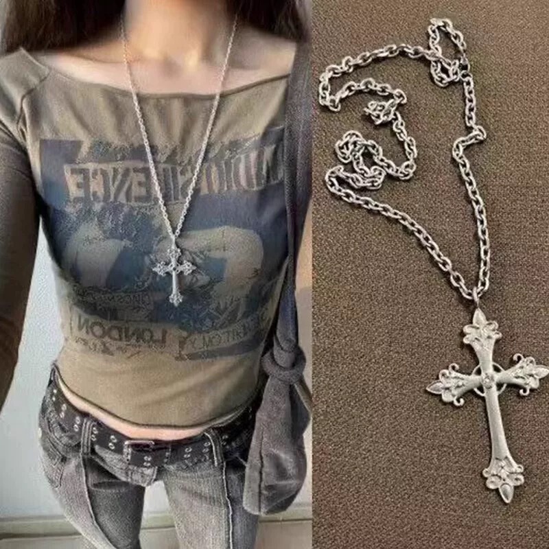 Korean Niche Design Bm Same Style Silver Cross Necklace Women's Long Necklace Punk Retro Y2K Neck Jewelry Trend