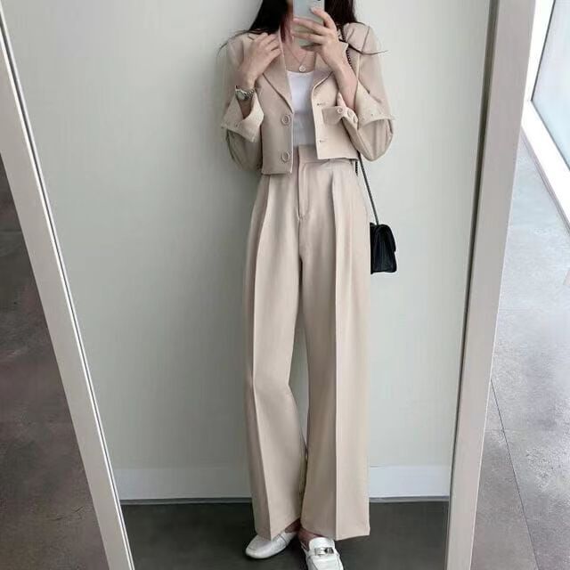 ChicShe Korean Chic Retro Revers Zwei-Knopf Lockerer Blazer Kurze Jacke Hoch taillierte Hose mit weitem Bein Lange Hosen Anzug Damen_voghion.com