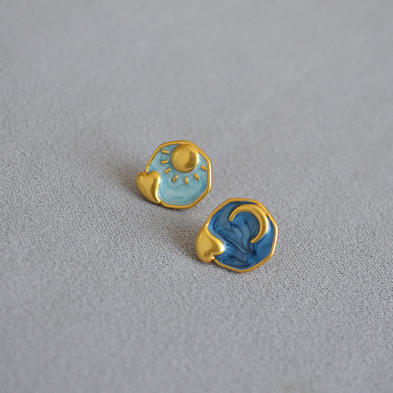 Korean style niche design quiet starry sky sun moon blooming enamel drop glaze vintage 925 silver needle stud earrings