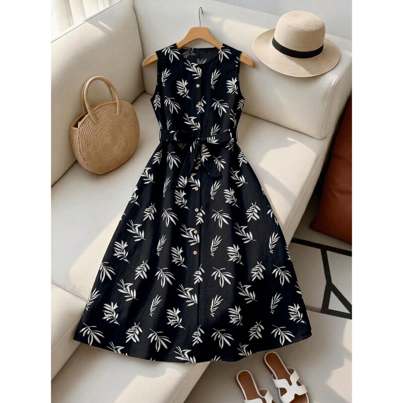 Amazon European and American Cross-Border 2026 New Style Printed National Style Feather Shirt Sleeveless Slimming Round Neck French Dress