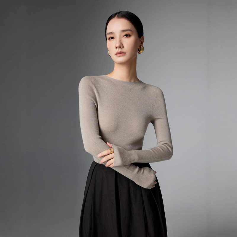 Yangzi Worsted 100 Pure Wool Women's Crewneck Pullover Seamless Knitted Base Shirt Machine Washable Pilling