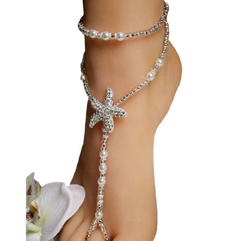 Comercio exterior de doble capa perla rhinestone estrella de mar tobillera playa Boda nupcial pie joyería europea y americana todo partido rhinestone playa