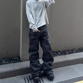 跨境美式复古做旧cleanfit牛仔裤男高街微喇弯刀vibe显瘦黑色裤子