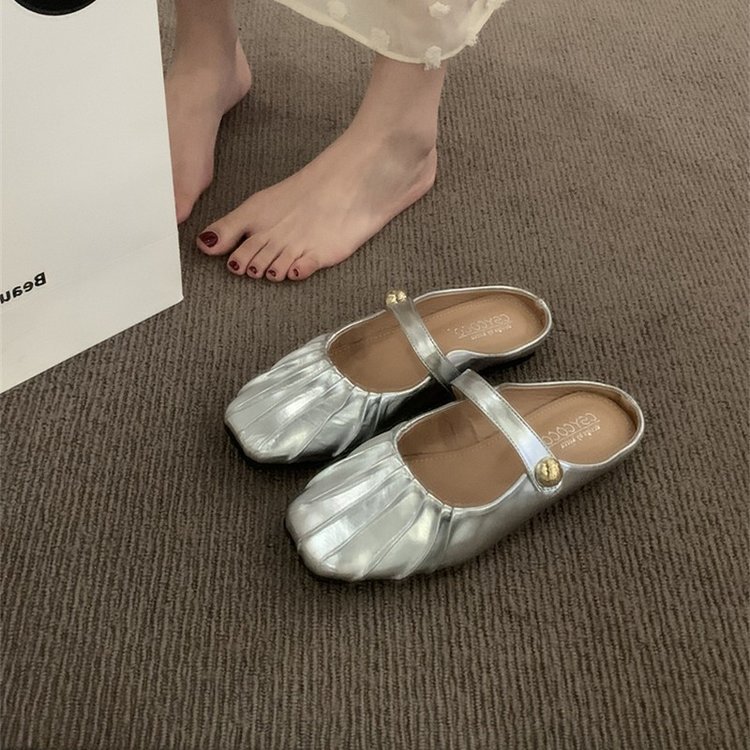 Media pantuflas Baotou de fondo plano para mujer con zapatos Mary Jane 2025 nuevas sandalias y pantuflas perezosas de primavera y verano de todo fósforo Muller
