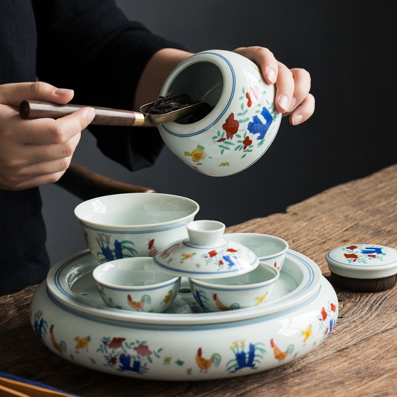 Wholesale Jingdezhen Doucai Rooster Cups Tea Set Small 2-Person Ceramic Home Dry Brew Tea Tray Water Storage Simple Reproduction