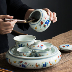 Wholesale Jingdezhen Doucai Rooster Cups Tea Set Small 2-Person Ceramic Home Dry Brew Tea Tray Water Storage Simple Reproduction