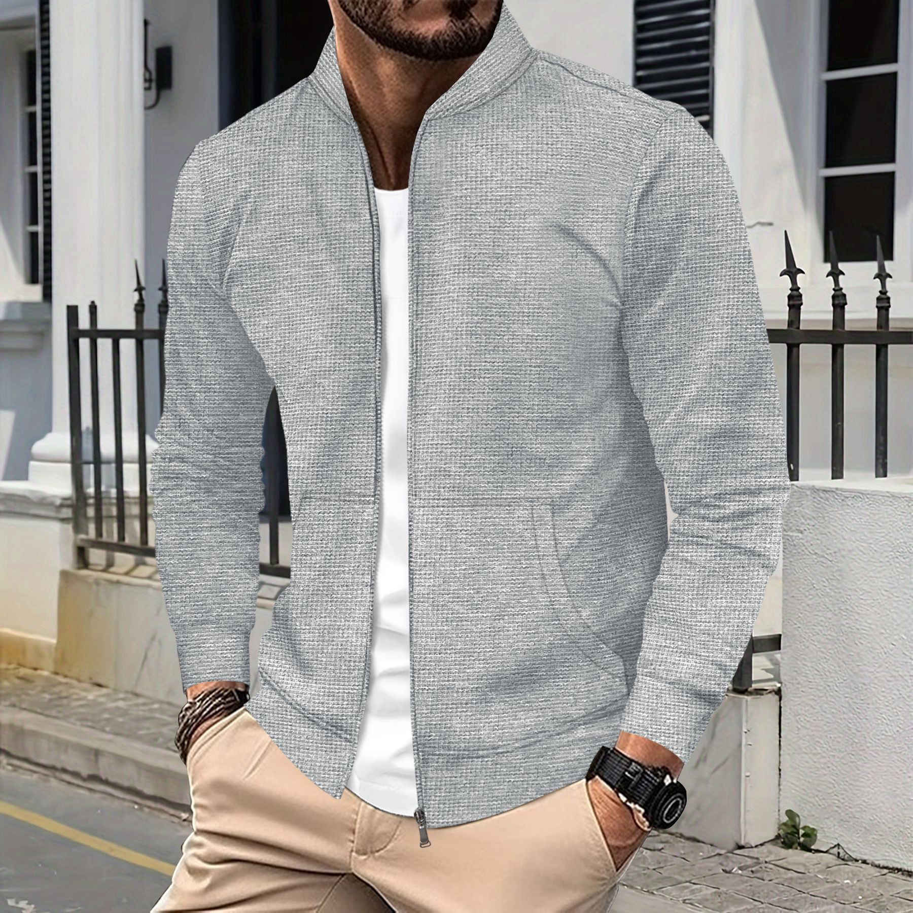 Herren-Baseballjacke mit langen Ärmeln, Waffelstrick, einfarbig, Reißverschlusstasche, europäisch-amerikanischer Stil, Frühling/Herbst_voghion.com