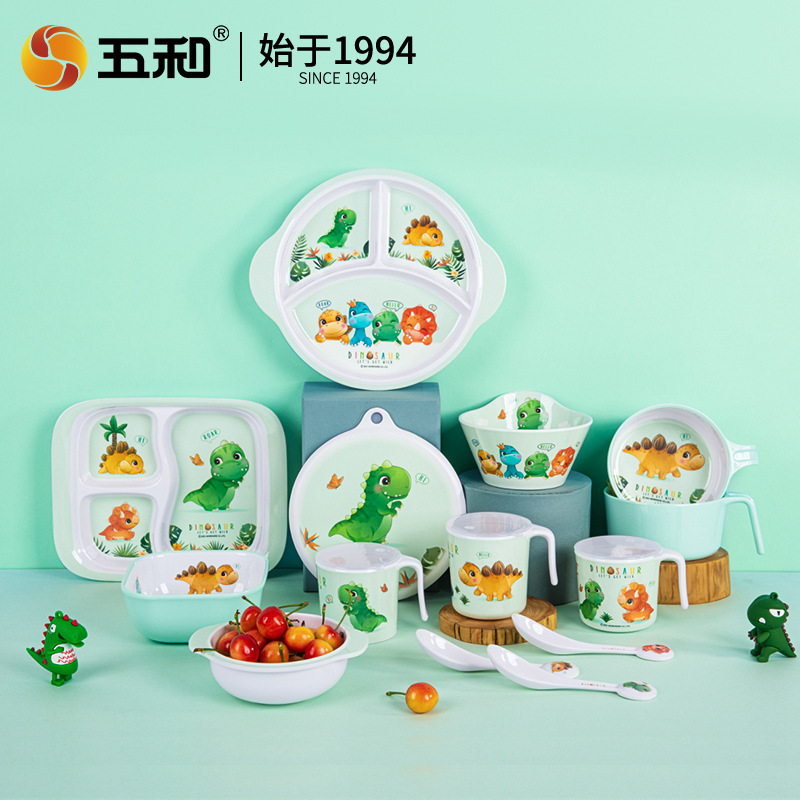 Wuhe Little Dinosaur Melamine Tableware Food-Grade Material Anti-Scald Cartoon Children's Food Bowl Divided Plate Spoon Water Cup Wuhe Little Dinosaur Melamine Tableware Food-Grade Material Anti-Scald Cartoon Children's Food Bowl Divided Plate Spoon Water Cup