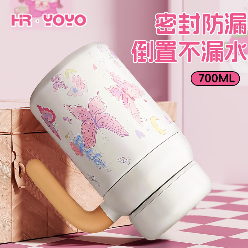 大容量手柄杯子新款涂鸦手绘风蝴蝶保温杯女高颜值办公室泡茶水杯|undefined