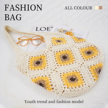 厂家批发棉绳编织包包女单肩包向日葵菱形镂空撞色手工编织托特包