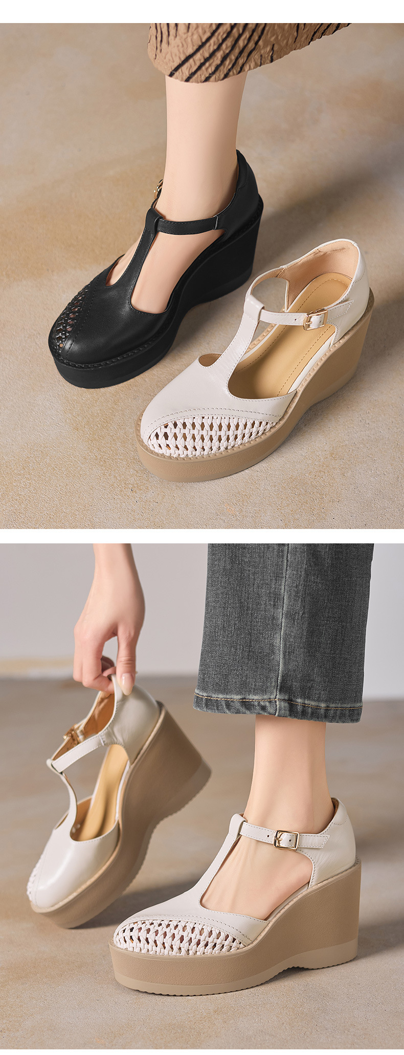 Sandal cao gót nữ quai ngang khóa T, đế dày platform, gót 9.5 cm — đen chi tiết 3