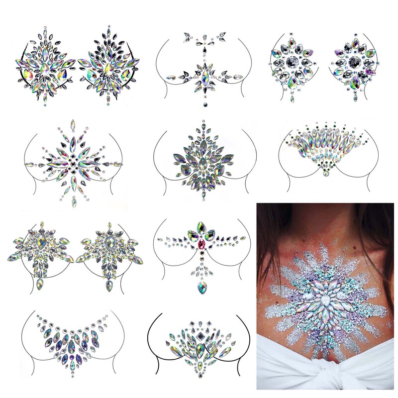 Cross-border Hot Selling Resin Diamond Tattoo Sticker Performance Makeup Chest Sticker Diamond Music Festival Carnival Party Chest Diamond Sticker