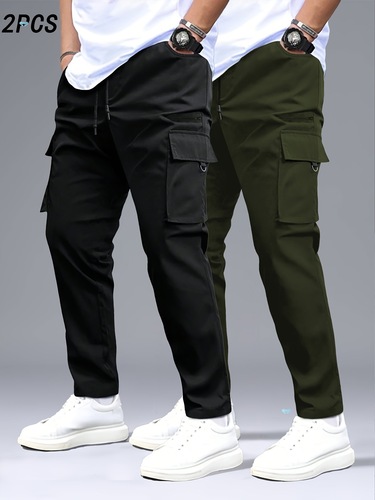 2 Pieces Men's Cargo Pants Black Gray with Drawstring Waist Cross-border