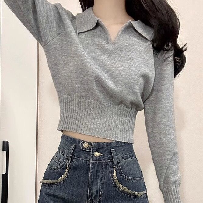 Gray Polo Collar Knit Sweater for Women, Short Top for Layering under a Coat, Women's Fashion Gray Polo Collar Knit Sweater for Women, Short Top for Layering under a Coat, Women's Fashion