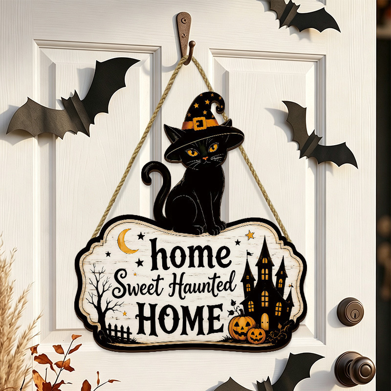 New cross-border product: Halloween decorative wooden black cat door ornament, front door wall decoration, farmhouse party wooden sign