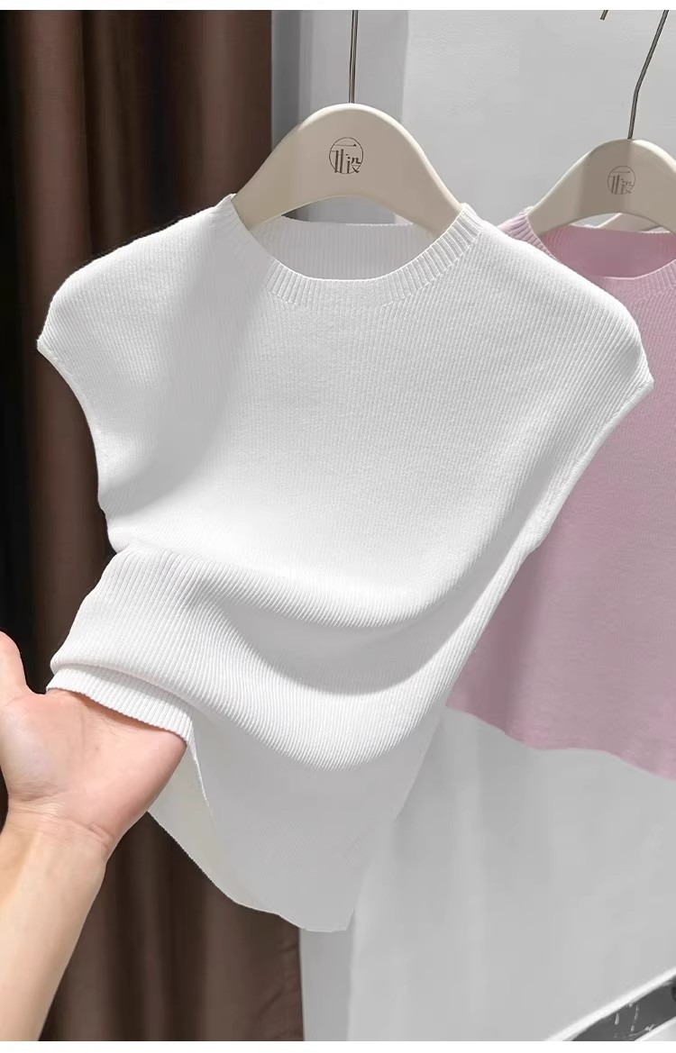 Women's Slim-Fit Short Sleeve Top Ice Silk Cropped Tee Soft Stretchy Casual Shirt for Summer with Flutter Sleeves_ecoleips.com