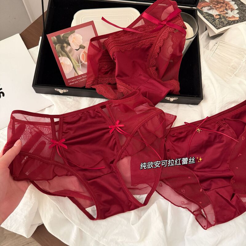 Peach Donna Cherry Red Zodiac Year Satin Mesh Pure Desire Sexy Mulberry Silk Cotton Crotch Mid-Waist Triangle Panties for Women Peach Donna Cherry Red Zodiac Year Satin Mesh Pure Desire Sexy Mulberry Silk Cotton Crotch Mid-Waist Triangle Panties for Women