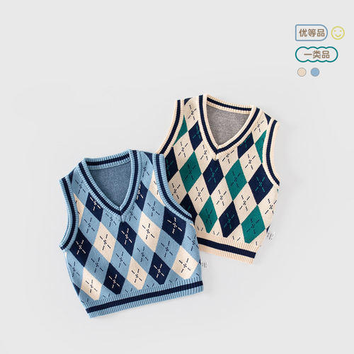 Grid baby vest top pure cotton Class A baby vest spring and autumn outerwear English style boys vest knitted top
